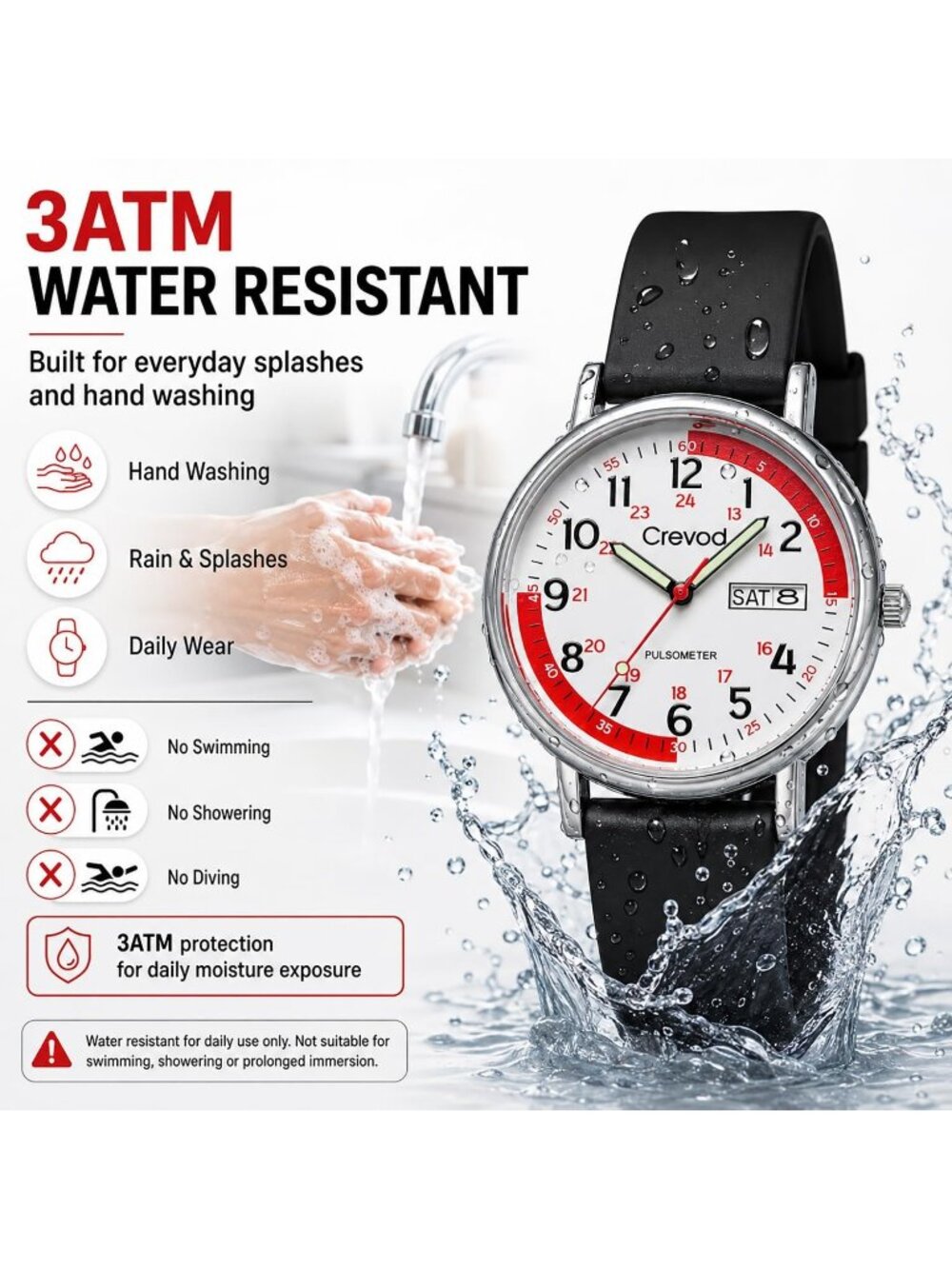 Unisex Silver-Red Face-Black Waterproof Military Time Easy to Read Dial Watches - Picture 3 of 7